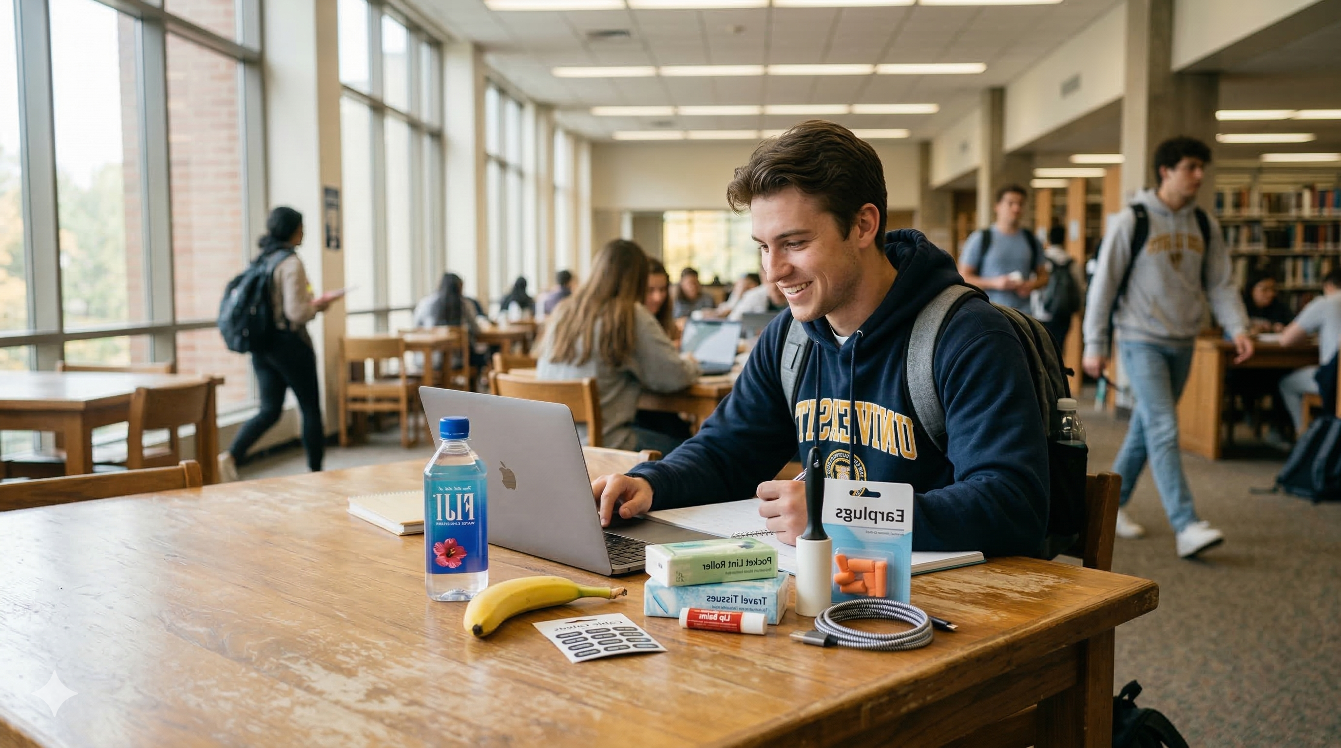 College essentials laid out on a desk